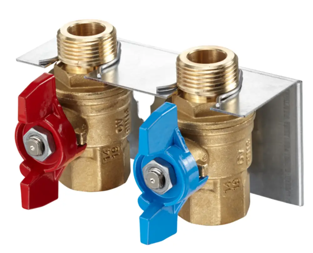 Zwei rot und blau markierte Kugelhähne aus Messing auf einer Metallplatte, für die Installation und Absperrung in Heizsystemen, von der Marke Oventrop.